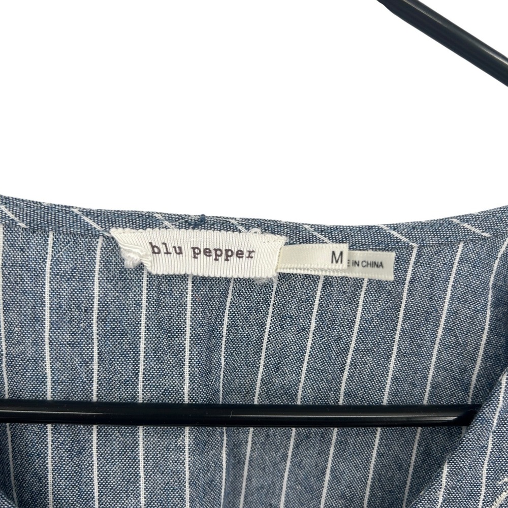 Embroidered Linen Blend Blouse M Blue Pinstripe Tie Front Boho Earthy Artsy - Picture 4 of 9
